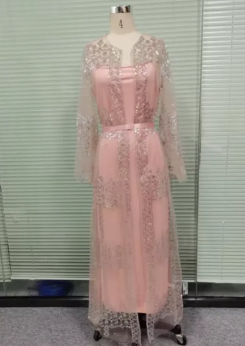 2025 Abaya Dubai Muslim Luxury Dress High Class Embroidery Lace Sequins Ramadan Kaftan Isla African Clothes 2 Piece Set