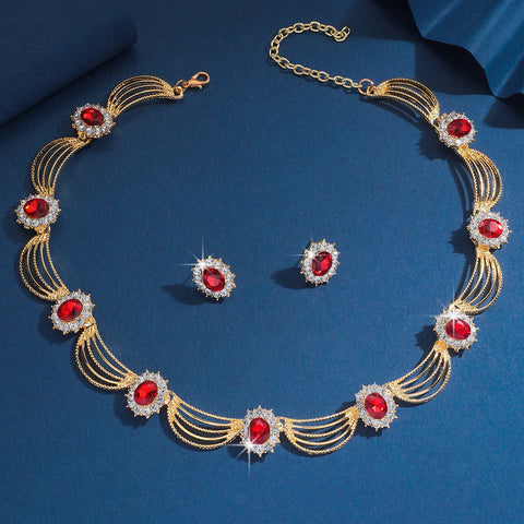 Women's Gold Plated Red Crystal Jewelry Set - Necklace and Earrings for Wedding Party Formal Event Prom Cocktail Accessories