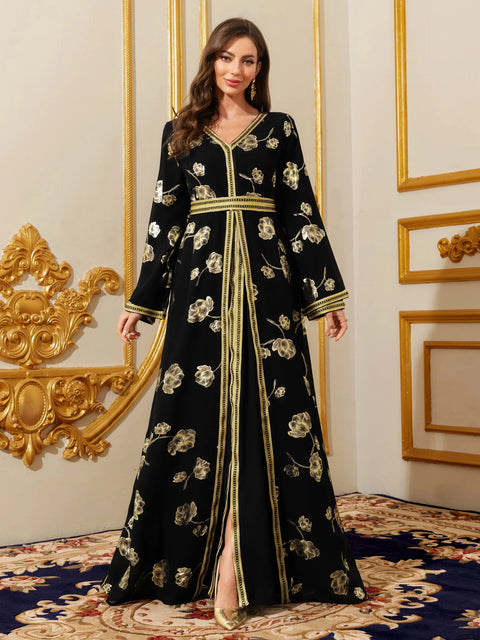 Abayas for Women Muslim Moroccan Floral Maxi Kaftan Dress Arabic Islamic Dubai Robe Ramadan Prayer Clothes