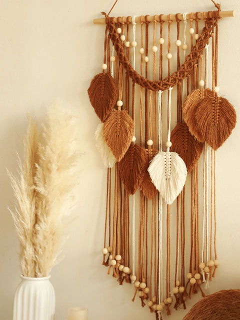 Trendy Boho Macrame Wall Hanging Organic Cotton Leaf Pattern Tapestry with Wood Beads Yoga Studio Decor Eco Friendly Home Accent