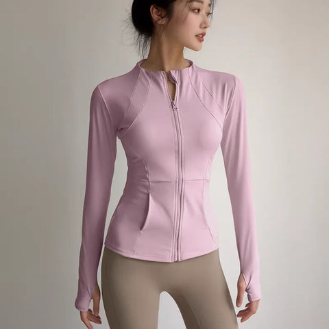Women's Slim Fit Long Sleeve Sports Jacket Zip Fitness Yoga Workout Jacket Slim Tight Gym ActiveWear Top Running Jacket