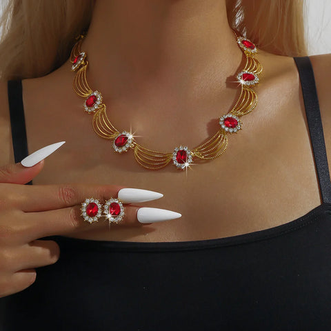 Women's Gold Plated Red Crystal Jewelry Set - Necklace and Earrings for Wedding Party Formal Event Prom Cocktail Accessories