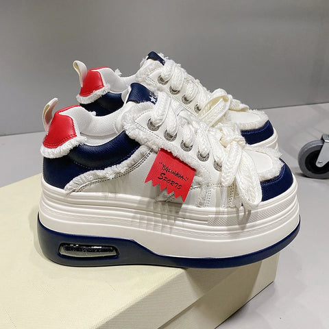 Fashion Chunky Sneakers Women Autumn Lace Up Platform Sports Shoes 8CM Thick Bottom High Heels Female Leather Sneakers Woman