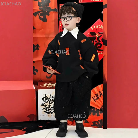 2026 Family Matching Hoodies for Mom and Kids Father and Son Plush Fleece with 3D Embroidery Round Neck Sweatshirts New Year