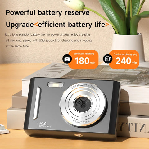 Digital Camera with Flash Light Dual Cam  50MEGA Hd Pixels 2.4in Screen Retro CCD Portable 4K Travel Cam Entry-level Photograph