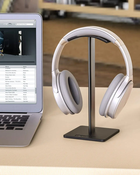 Headphone Stand Headset Holder Earphone Stand with Aluminum Supporting Bar Flexible Headrest ABS Solid Base for All Headphones