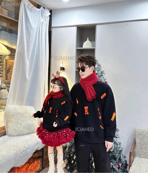2026 Family Matching Hoodies for Mom and Kids Father and Son Plush Fleece with 3D Embroidery Round Neck Sweatshirts New Year