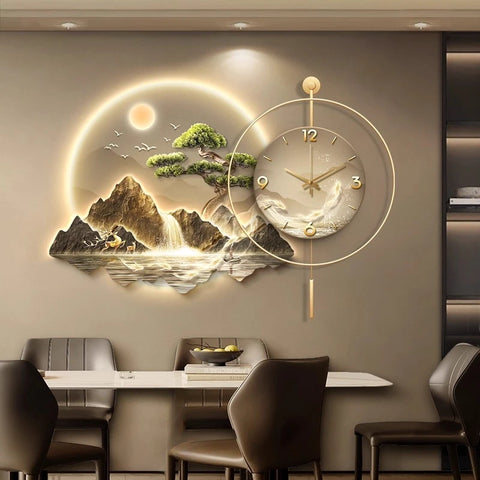 2026 New Model Landscape Murals Wall Clocks Fashion Nordic Living Room Digital Clock Villa Mute LED Wall Clock Home Decor