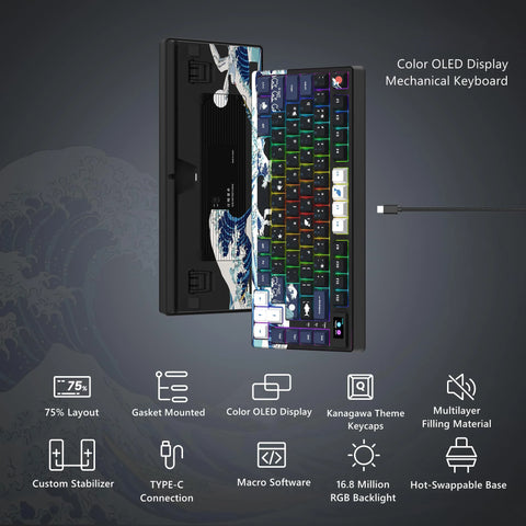 Wired Mechanical Gaming Keyboard with OLED Display Full Key Hot-Swappable Pudding RGB Backlit Keyboard for PC Computer Laptop