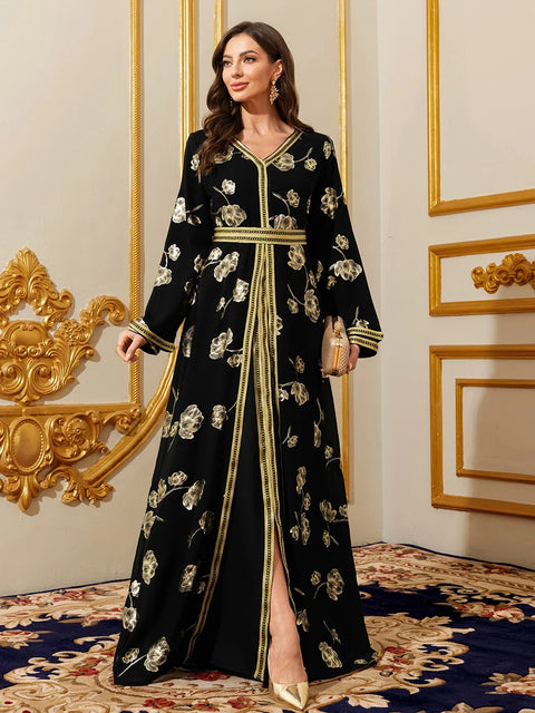 Abayas for Women Muslim Moroccan Floral Maxi Kaftan Dress Arabic Islamic Dubai Robe Ramadan Prayer Clothes