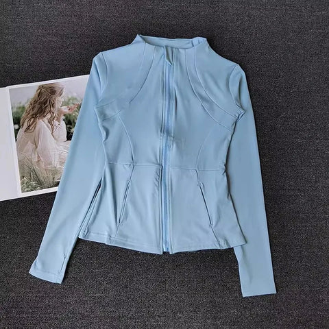 Women's Slim Fit Long Sleeve Sports Jacket Zip Fitness Yoga Workout Jacket Slim Tight Gym ActiveWear Top Running Jacket