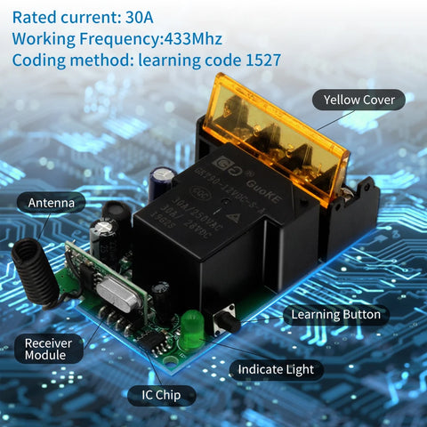 RF 433Mhz Smart Switch Wireless Remote Control Switch AC 75-220V 30A High Current Relay for Water Pump Motor Lights Door Access