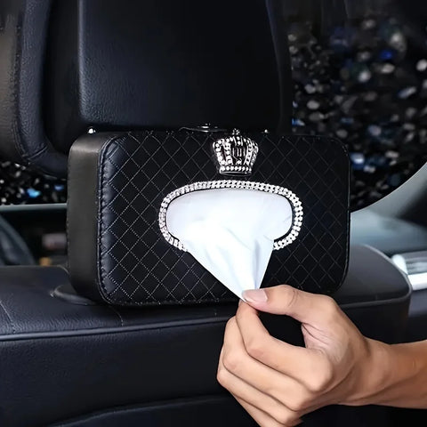 1Bling Rhinestone Crown Car Tissue Box - Headrest Hanging Design, Lady's Creative Tissue Holder, Auto Interior Storage Accessory