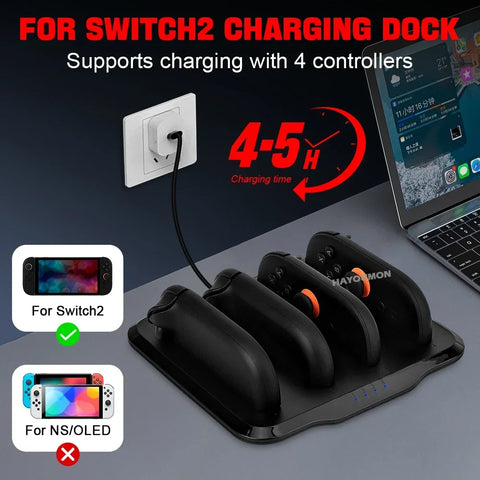 Charging Dock for Switch 2 Joycons Controllers 4-in-1 Charger Station Base Super Slim and Overcharge Protection w Charging Cable