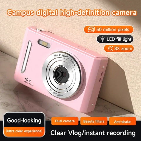 Digital Camera with Flash Light Dual Cam  50MEGA Hd Pixels 2.4in Screen Retro CCD Portable 4K Travel Cam Entry-level Photograph