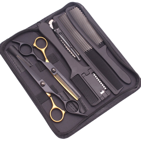 Hair Scissors JP Stainless Hairdressing Scissors 6" Haircut Set Black Thinning Shears Salon Haircut Scissors Razor Combs C1001