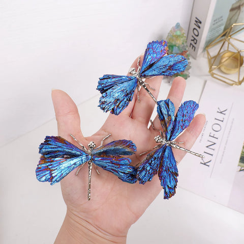 1pc Natural Crystal Stone Black Tourmaline Aura Blue Flame Feather DIY Dragonfly Animal Decoration Wholesale