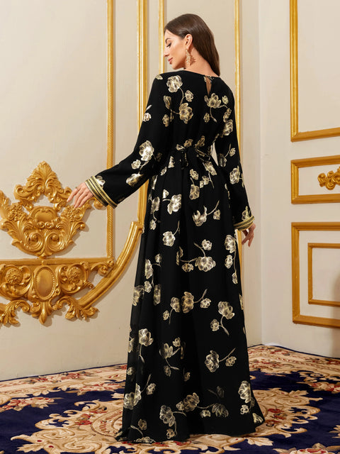 Abayas for Women Muslim Moroccan Floral Maxi Kaftan Dress Arabic Islamic Dubai Robe Ramadan Prayer Clothes